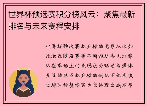 世界杯预选赛积分榜风云：聚焦最新排名与未来赛程安排